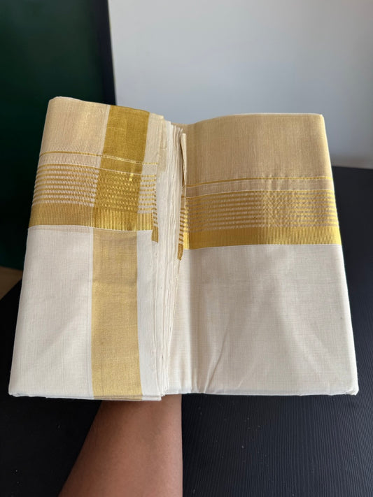 25% Discount ! KaithariKada Handloom Milpaav  - Kerala Handloom - Pure Cotton Off White - (Unbleached) Double Mundu/Dhoti - 80X90 - 6.75 inch Gold Kasav Striped & Half Tissue Kara 4 mtr (8.5 Muzham) - 47 KK5383 RAM