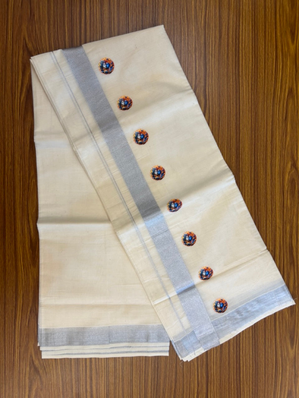18% Discount !! KaithariKada Balaramapuram Double Off white (Unbleached) Mundu/Dhoti - Mixed Cotton (80x72) - Hand Painted 3 inch Radha Krishna Silver Kasavu Orange & Blue Design Kara 4 mtr (8.5 muzham) - 101 KK5251 PMC
