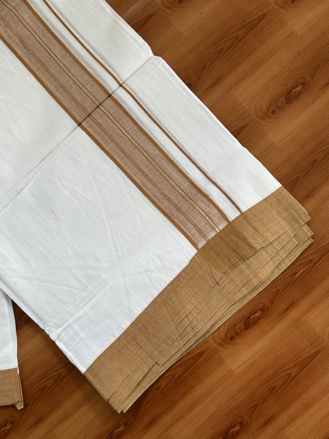 20% Discount ! KaithariKada Balaramapuram - 100% Pure Cotton Pure white Double Mundu / Dhothi 100x80 - 1.5 inch Orange Brown Shaded Kara  4.5 Meters (10 Muzham) - 17 KK5391 THI