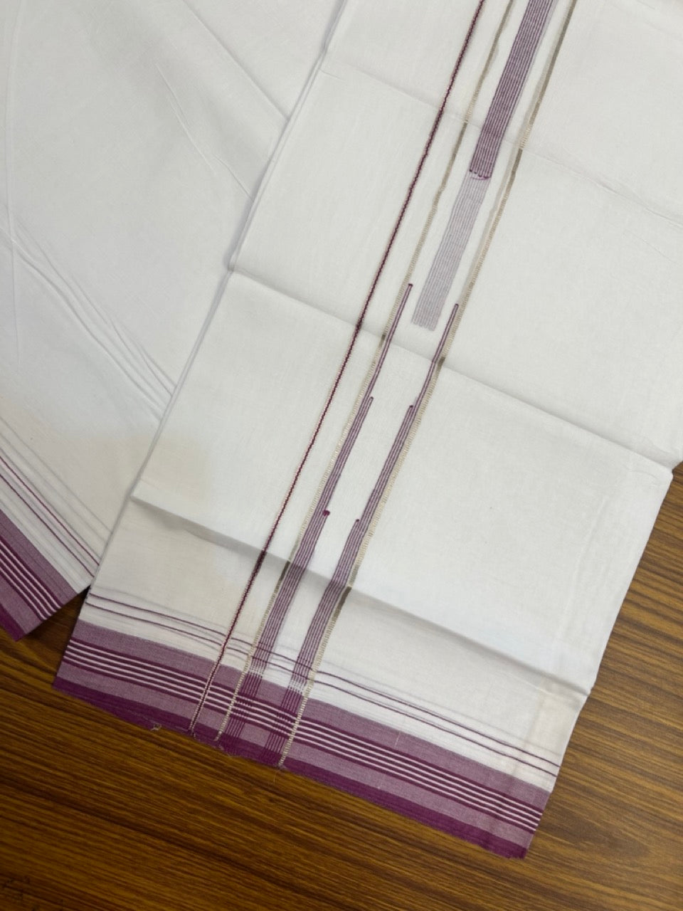 20% Discount ! Kaitharikada Balaramapuram 100% Cotton Pure White Double Mundu/Dothi - 100x80 - 1.25 inch Puliyilakkara Silver Kasav & Light Magenta Striped Chutty Kara  3.90 mtr (8 muzham) - 87 KK5285  VAS