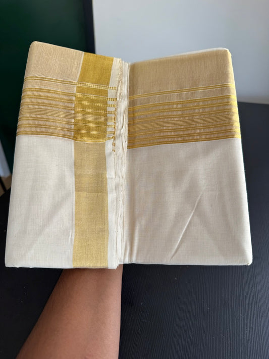 25% Discount ! KaithariKada Handloom Milpaav  - Kerala Handloom - Pure Cotton Off White - (Unbleached) Double Mundu/Dhoti - 80X90 - 6.75 inch Gold Kasav Striped & Half Tissue Kara 4 mtr (8.5 Muzham) - 44 KK5383 RAM