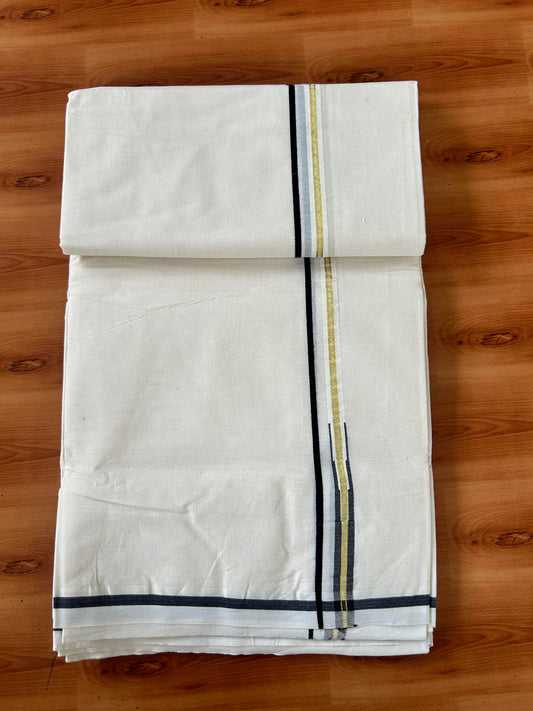 Double Off white Mundu/Dhoti - 20% Discount! KaithariKada Balaramapuram - 100% Cotton 100x100 - 0.4 inch Puliyilakkara Gold Kasav & Black Chutty Kara 4 mtr (8.5 muzham) - 7 KK5424 ASH