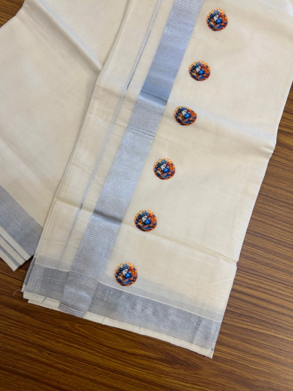 18% Discount !! KaithariKada Balaramapuram Double Off white (Unbleached) Mundu/Dhoti - Mixed Cotton (80x72) - Hand Painted 3 inch Radha Krishna Silver Kasavu Orange & Blue Design Kara 4 mtr (8.5 muzham) - 101 KK5251 PMC