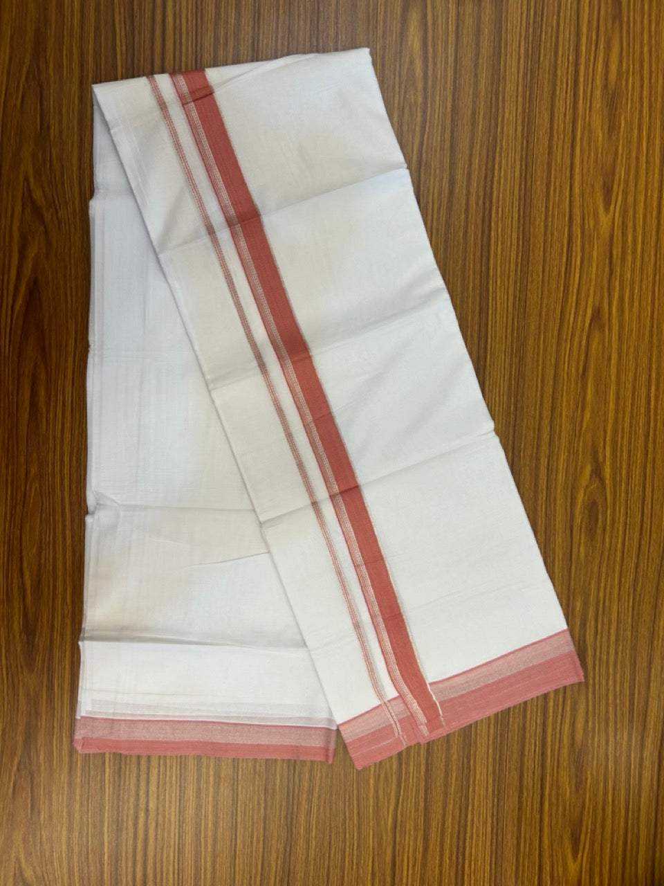 20% Discount ! Kaitharikada Balaramapuram 100% Cotton Pure White Double Mundu/Dothi - 100x80 - 1.25 inch Peach Pink & Silver Kasav Striped Kara 3.90 mtr (8 muzham) - 51 KK5285 VAS