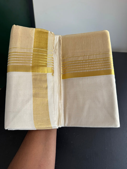 25% Discount ! KaithariKada Handloom Milpaav  - Kerala Handloom - Pure Cotton Off White - (Unbleached) Double Mundu/Dhoti - 80X90 - 6.75 inch Gold Kasav Striped & Half Tissue Kara 4 mtr (8.5 Muzham) - 48 KK5383 RAM