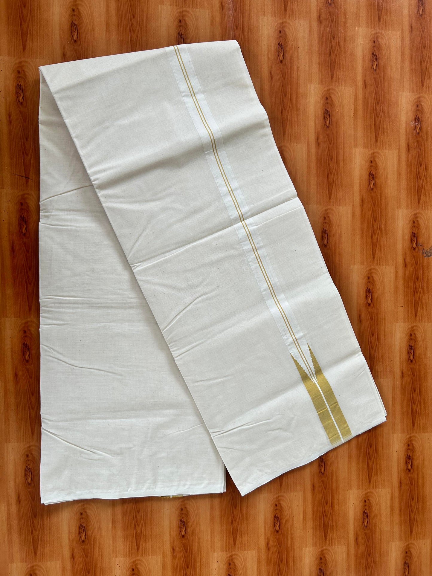 Double Off white Mundu/Dhoti - 20% Discount! KaithariKada Balaramapuram - 100% Cotton 100x100 - 1 inch Puliyilakkara Mustard Yellow Shaded Chutty Kara 4 mtr (8.5 muzham) - 6 KK5424 ASH