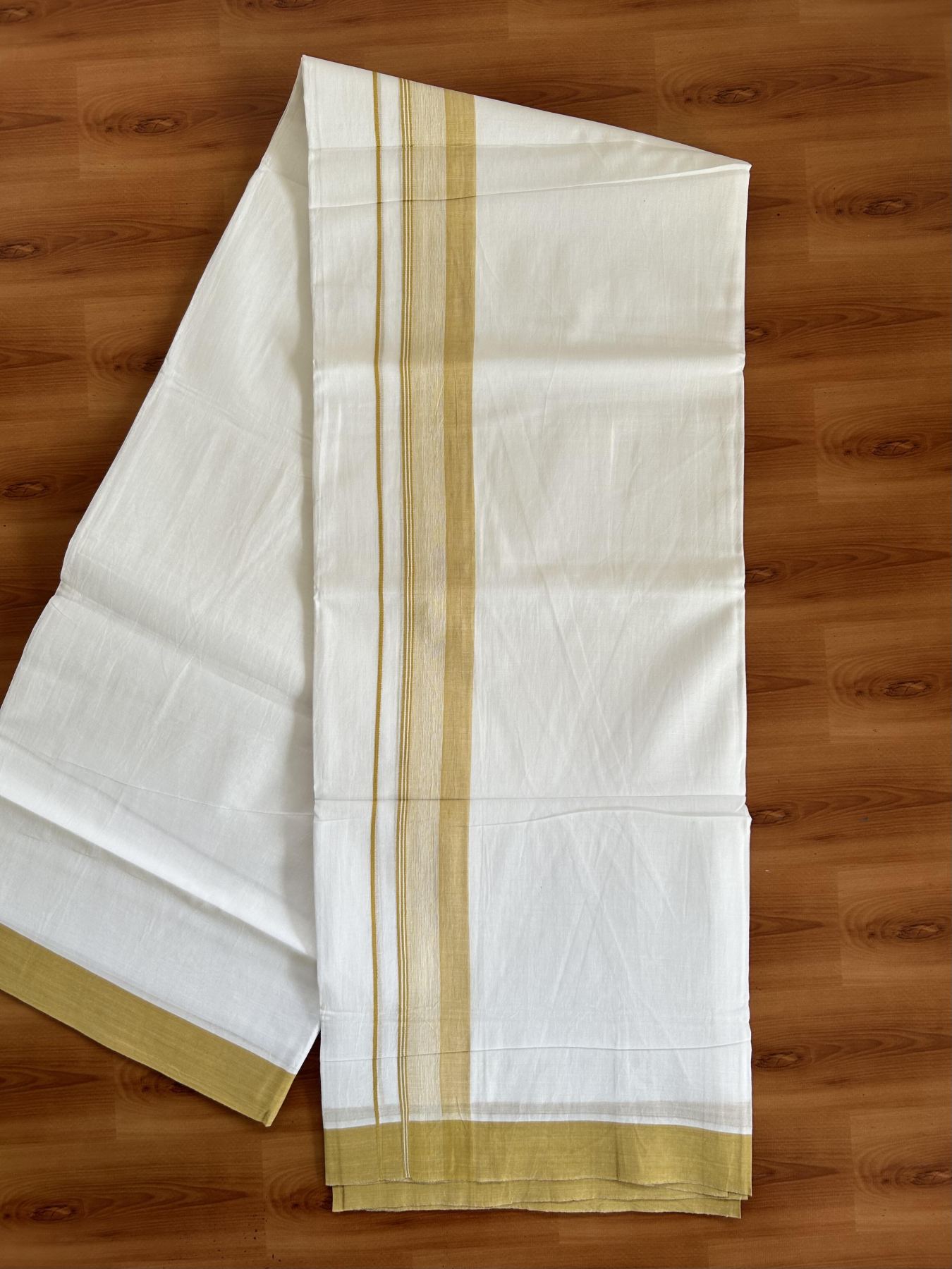 20% Discount ! KaithariKada Balaramapuram - 100% Pure Cotton Pure white Double Mundu/Dhothi 100x80 - 1.5 inch Mustard Yellow Shaded Kara  4.5 Meters (10 Muzham) - 2 KK5391 THI
