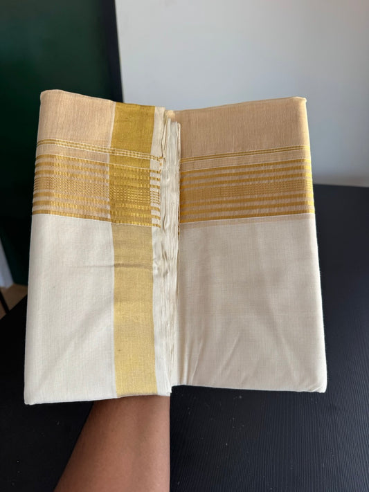 25% Discount ! KaithariKada Handloom Milpaav  - Kerala Handloom - Pure Cotton Off White - (Unbleached) Double Mundu/Dhoti - 80X90 - 6.75 inch Gold Kasav Striped & Half Tissue Kara 4 mtr (8.5 Muzham) - 45 KK5383 RAM