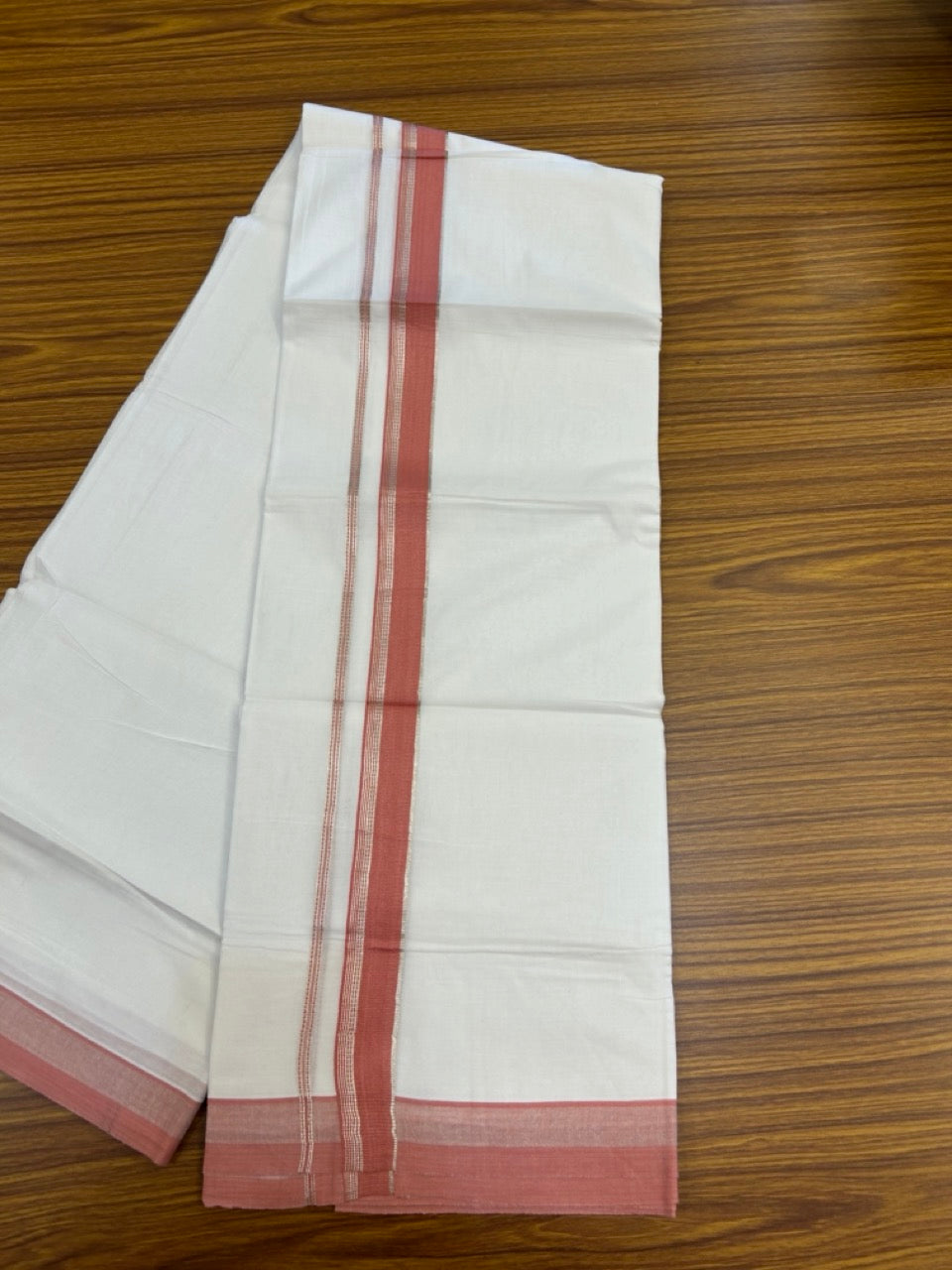 20% Discount ! Kaitharikada Balaramapuram 100% Cotton Pure White Double Mundu/Dothi - 100x80 - 1.25 inch Peach Pink & Silver Kasav Striped Kara 3.90 mtr (8 muzham) - 51 KK5285 VAS