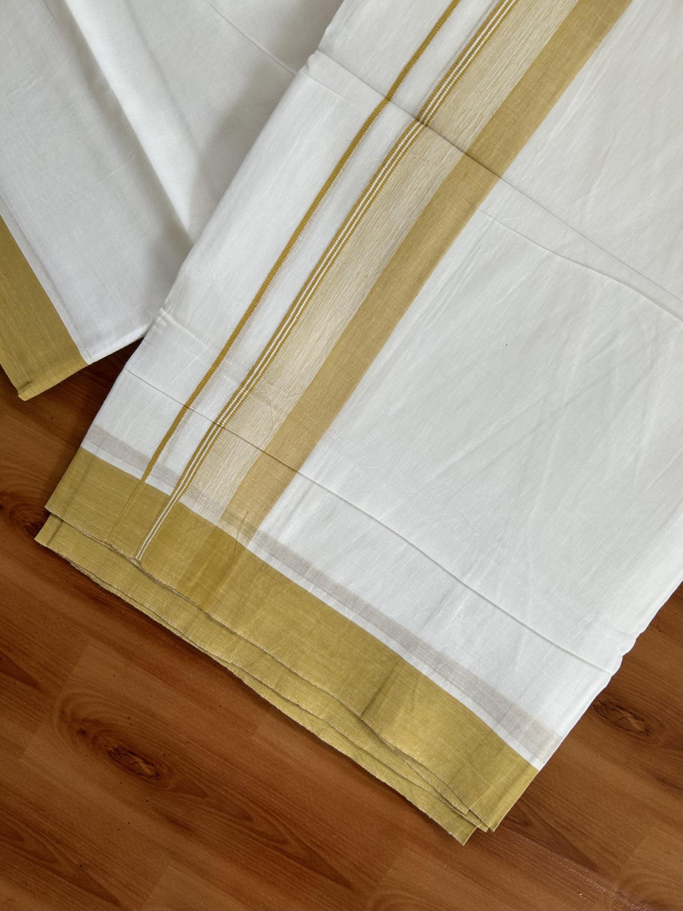 20% Discount ! KaithariKada Balaramapuram - 100% Pure Cotton Pure white Double Mundu/Dhothi 100x80 - 1.5 inch Mustard Yellow Shaded Kara  4.5 Meters (10 Muzham) - 2 KK5391 THI