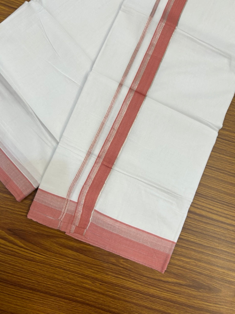 20% Discount ! Kaitharikada Balaramapuram 100% Cotton Pure White Double Mundu/Dothi - 100x80 - 1.25 inch Peach Pink & Silver Kasav Striped Kara 3.90 mtr (8 muzham) - 51 KK5285 VAS