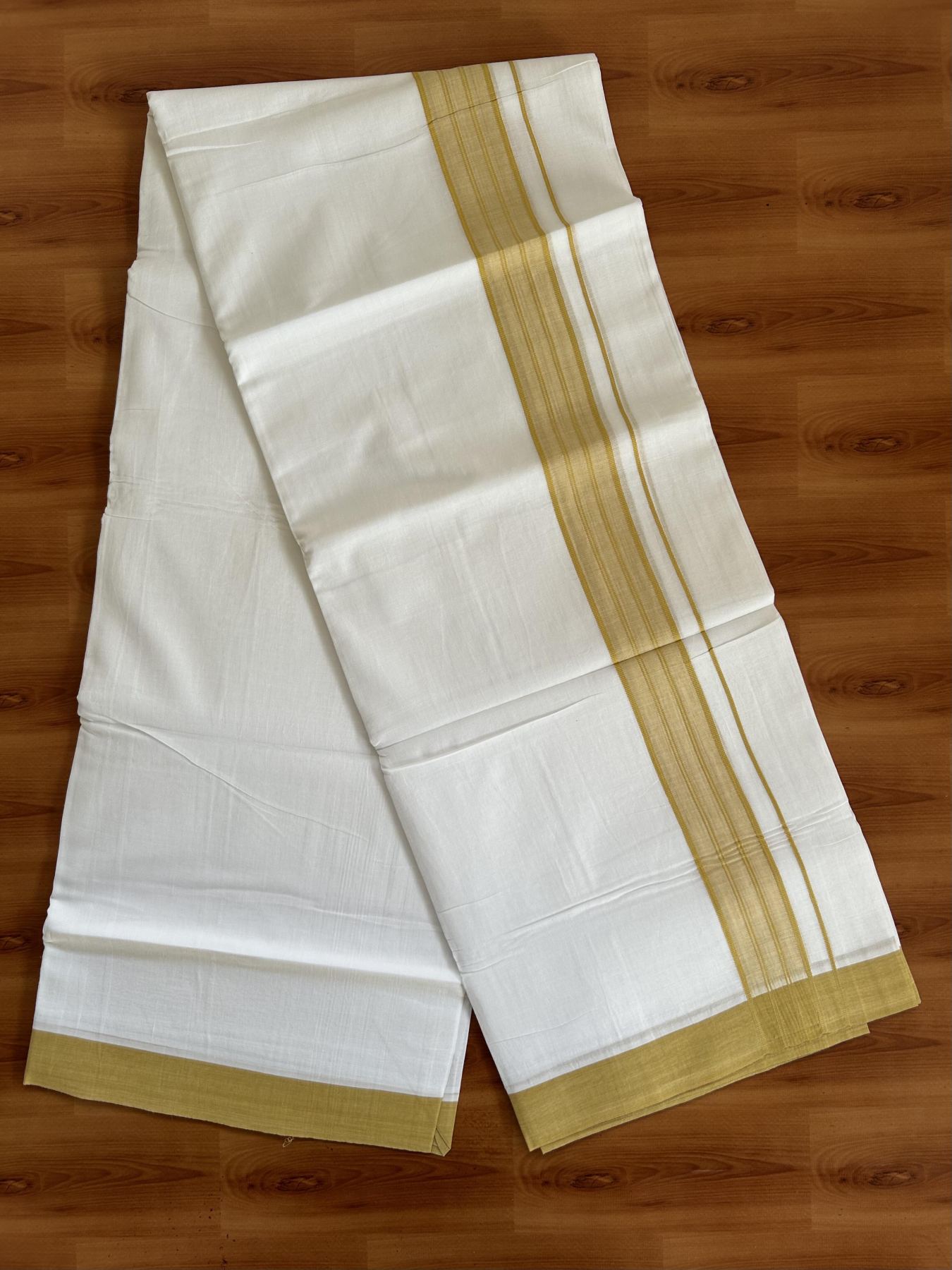20% Discount ! KaithariKada Balaramapuram - 100% Pure Cotton Pure white Double Mundu / Dothi 100x80 - 1.5 inch Mustard Yellow Shaded Kara  4.5 Meters (10 Muzham) - 3 KK5391 THI