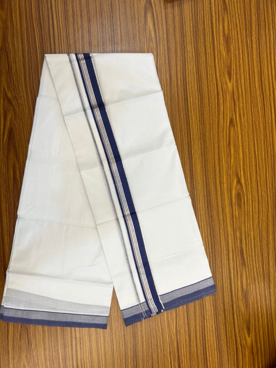 20% Discount ! Kaitharikada Balaramapuram 100% Cotton Pure White Double Mundu/Dothi - 100x80 - 1.25 inch Blue & Silver Kasav Striped Kara 3.90 mtr (8 muzham) - 52 KK5285 VAS