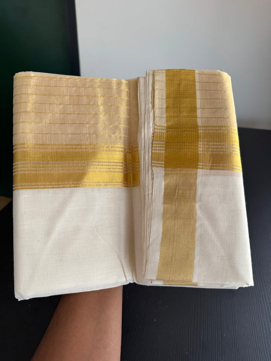 25% Discount ! KaithariKada Handloom Milpaav  - Kerala Handloom - Pure Cotton Off White - (Unbleached) Double Mundu/Dhoti - 80X90 - 6.75 inch Gold Kasav Striped & Half Tissue Kara 4 mtr (8.5 Muzham) - 50 KK5383 RAM