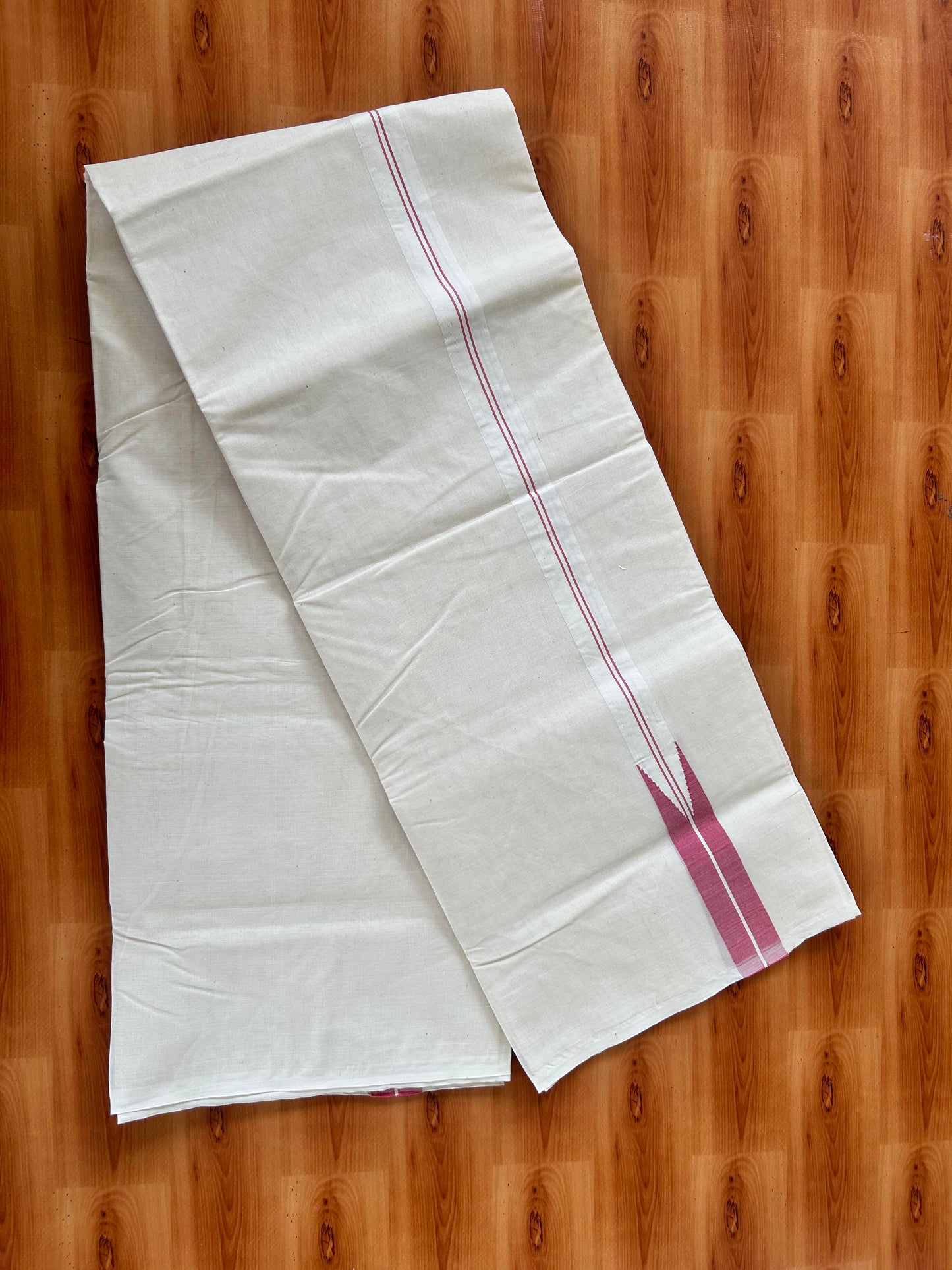 Double Off white Mundu/Dhoti - 20% Discount! KaithariKada Balaramapuram - 100% Cotton 100x100 - 1 inch Puliyilakkara Pink Shaded Chutty Kara 4 mtr (8.5 muzham) - 5 KK5424 ASH