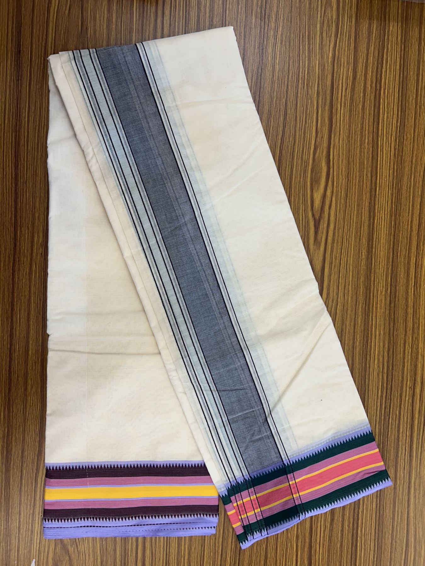 Panchakacham Dhoti - 20% Discount! KaithariKada 100% Cotton Off White - (Unbleached) - Pure Cotton -100x100 thread - North Indian - Attached Gamcha 9X5 Dhoti Violet Green kara with Brown Green Pink & Orange Striped border - 11 KK5325 PMC