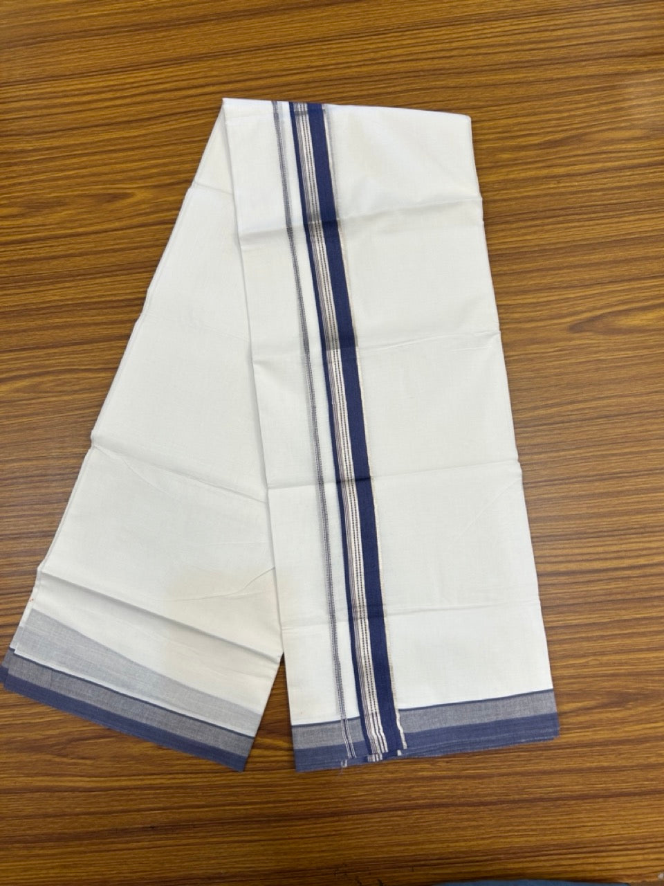 20% Discount ! Kaitharikada Balaramapuram 100% Cotton Pure White Double Mundu/Dothi - 100x80 - 1.25 inch Blue & Silver Kasav Striped Kara 3.90 mtr (8 muzham) - 52 KK5285 VAS