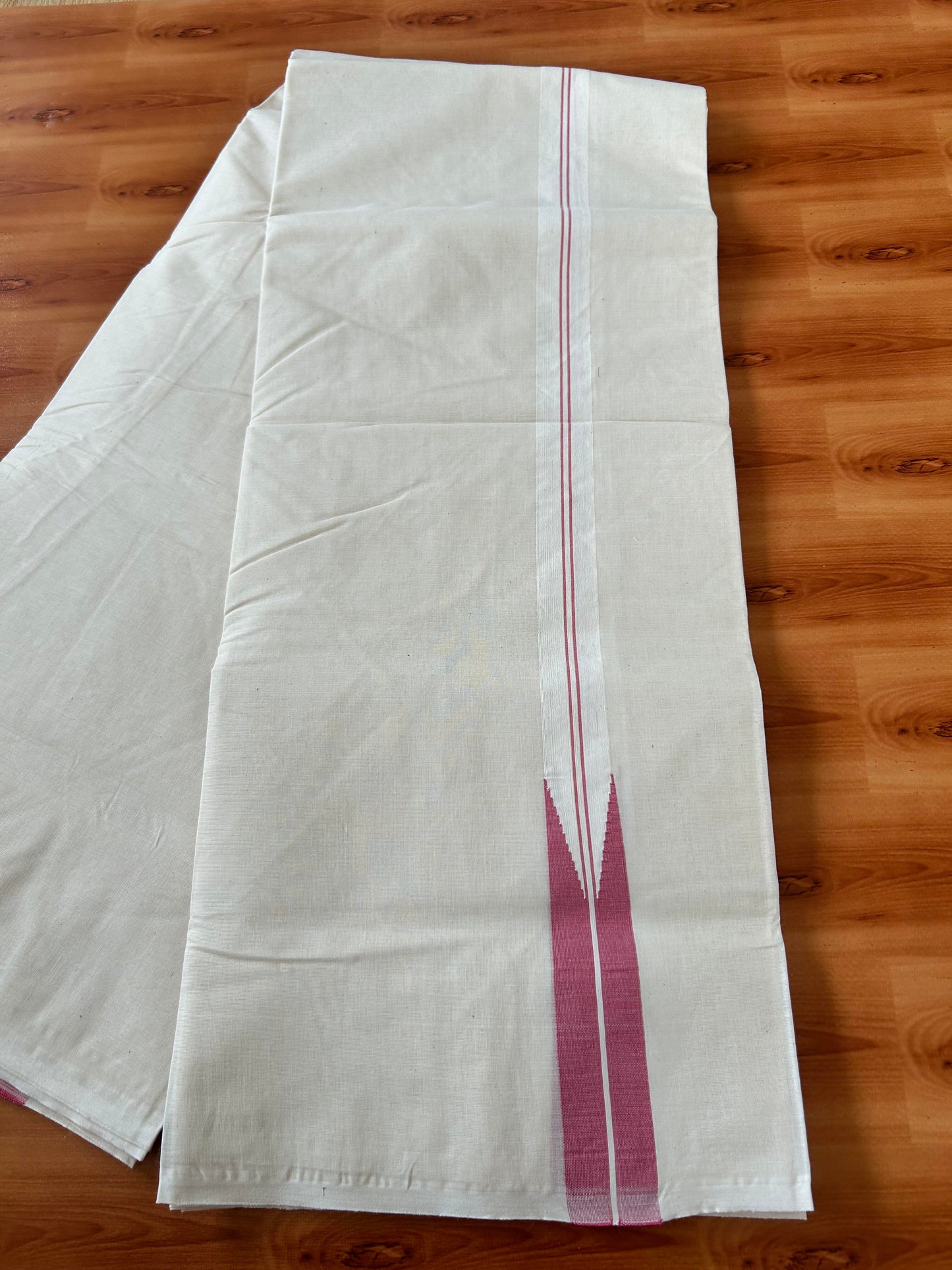 Double Off white Mundu/Dhoti - 20% Discount! KaithariKada Balaramapuram - 100% Cotton 100x100 - 1 inch Puliyilakkara Pink Shaded Chutty Kara 4 mtr (8.5 muzham) - 5 KK5424 ASH