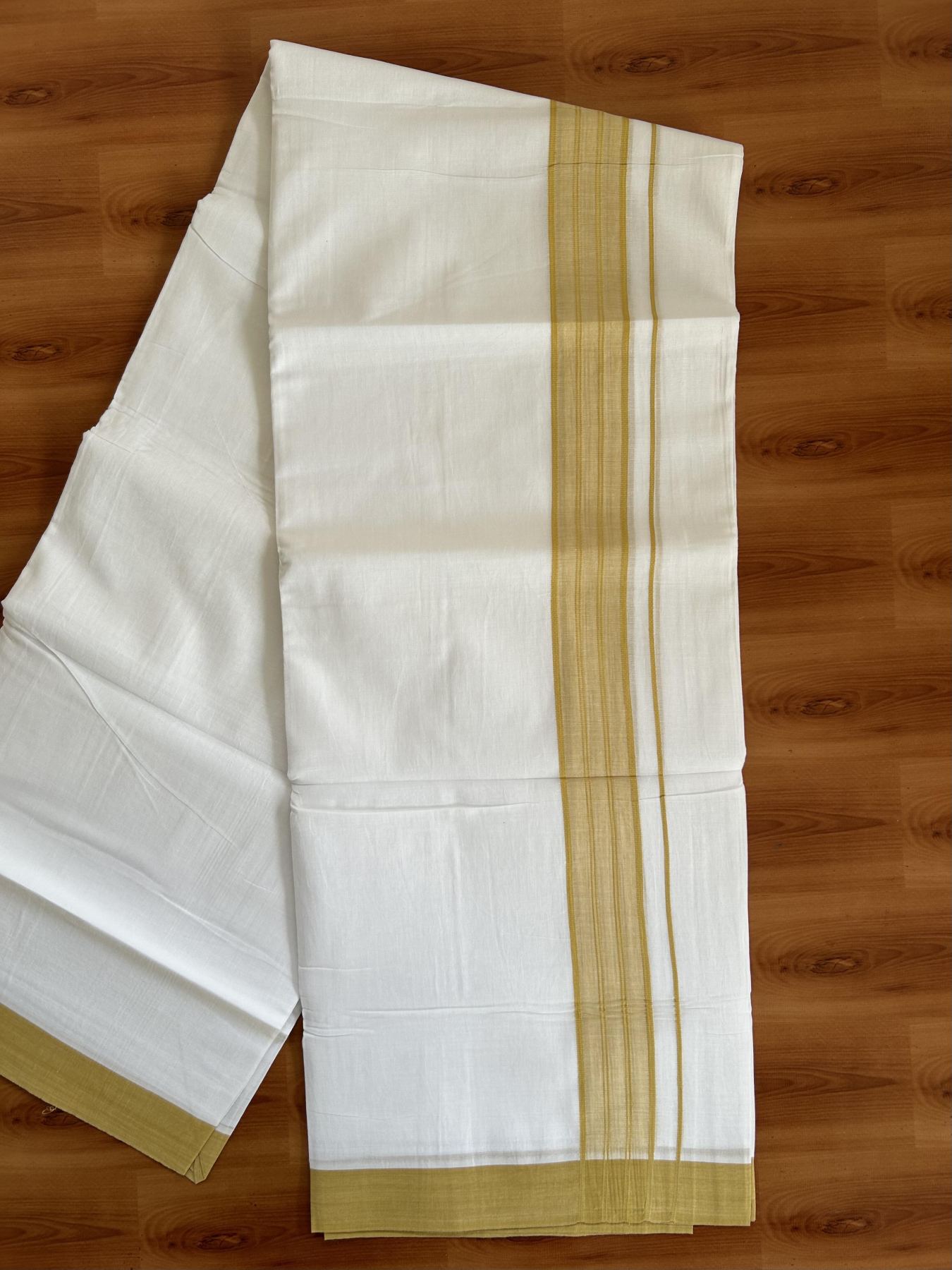 20% Discount ! KaithariKada Balaramapuram - 100% Pure Cotton Pure white Double Mundu / Dothi 100x80 - 1.5 inch Mustard Yellow Shaded Kara  4.5 Meters (10 Muzham) - 3 KK5391 THI