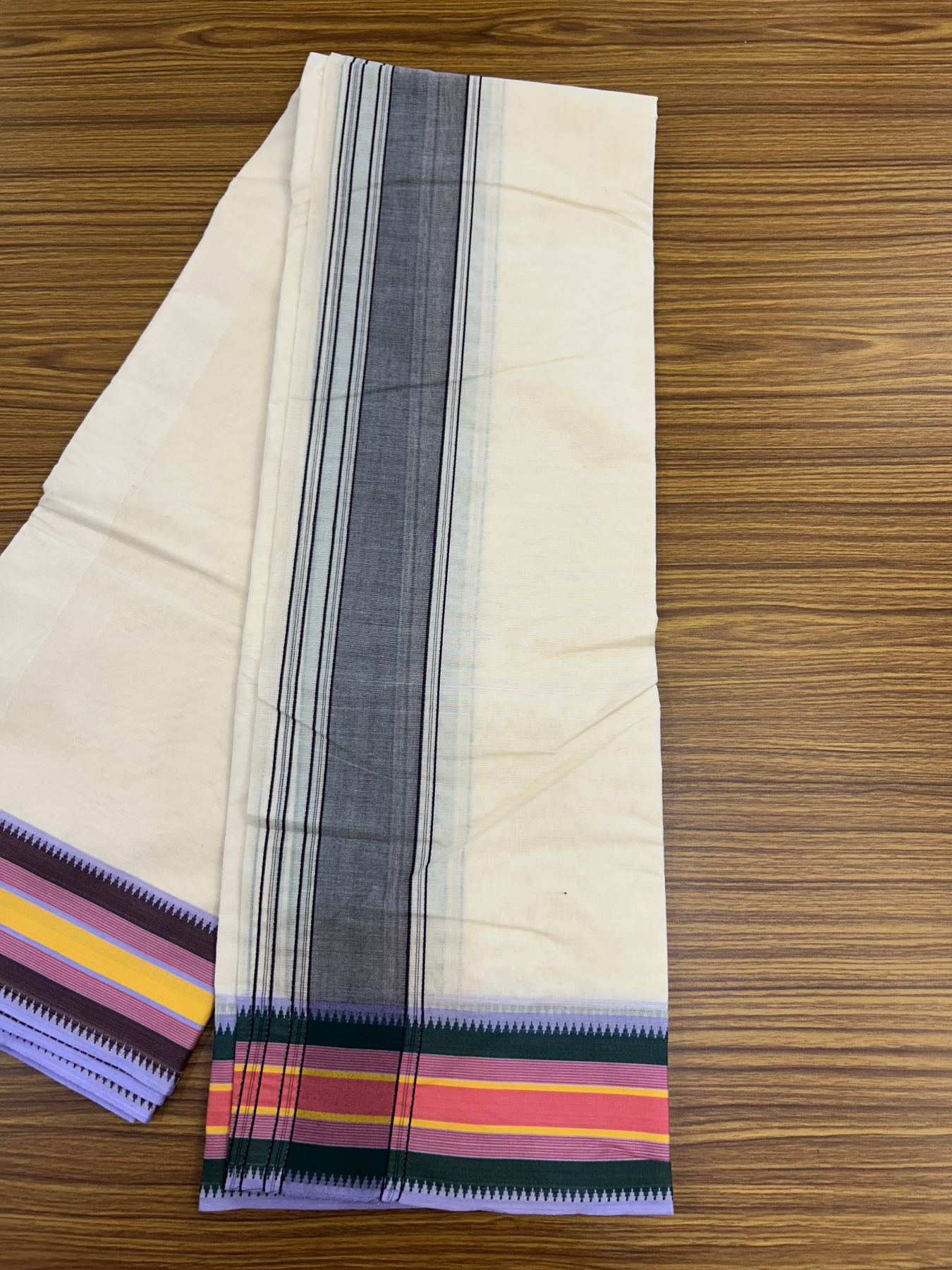 Panchakacham Dhoti - 20% Discount! KaithariKada 100% Cotton Off White - (Unbleached) - Pure Cotton -100x100 thread - North Indian - Attached Gamcha 9X5 Dhoti Violet Green kara with Brown Green Pink & Orange Striped border - 11 KK5325 PMC