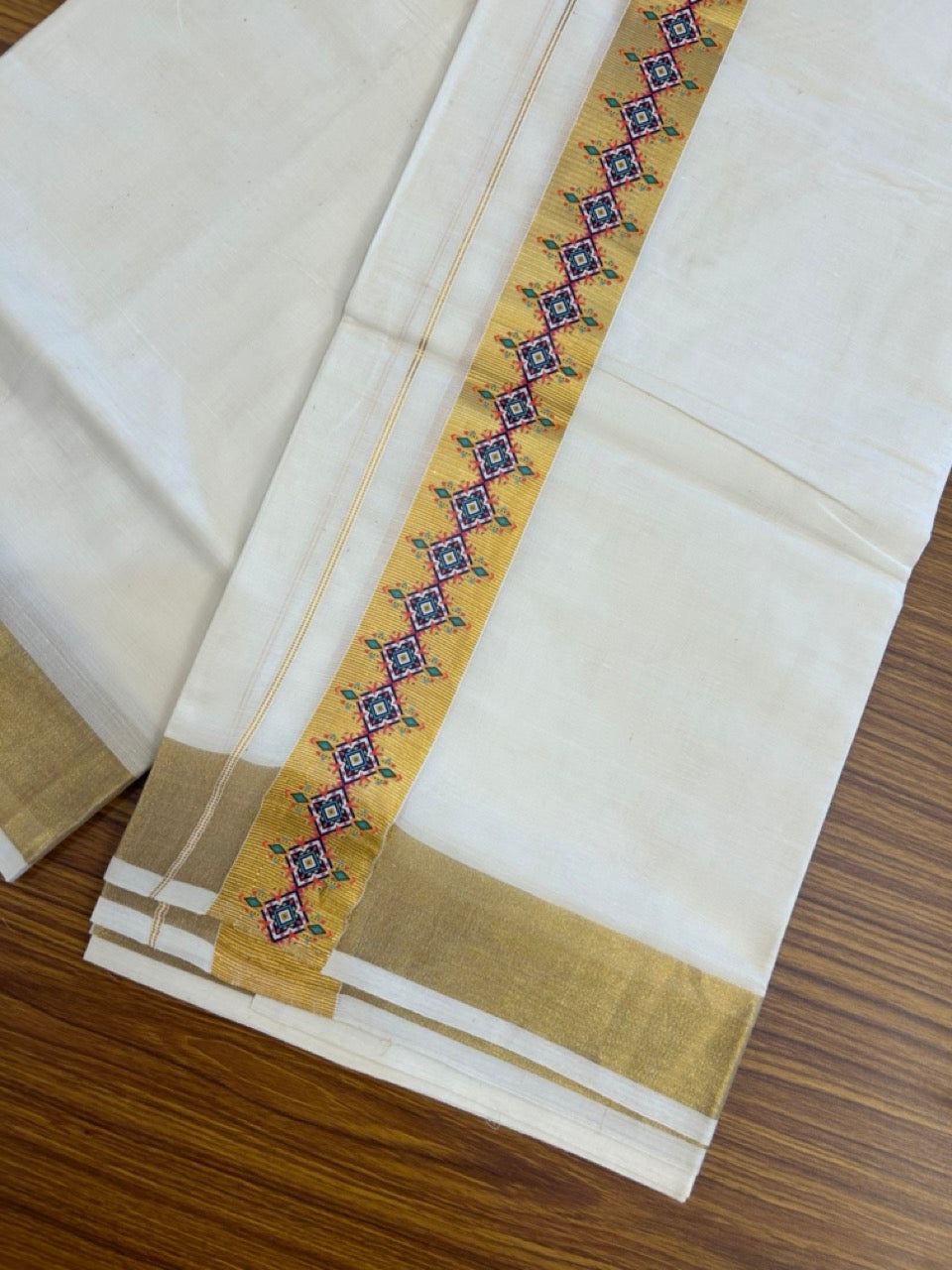 20% Discount! KaithariKada Balaramapuram Double Off White - (Unbleached) Mundu/Dhoti - Mixed Cotton (80x72) - Hand Printed 2 inch Gold Kasavu Multi colour Design Kara 4 mtr (8.5 muzham) - 104 KK5251 PMC