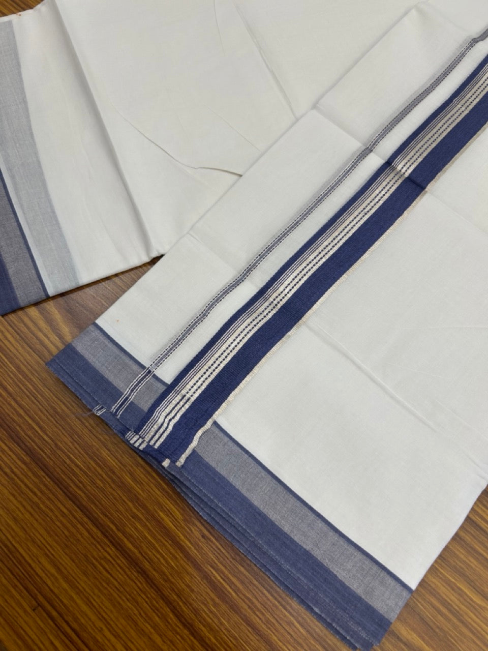 20% Discount ! Kaitharikada Balaramapuram 100% Cotton Pure White Double Mundu/Dothi - 100x80 - 1.25 inch Blue & Silver Kasav Striped Kara 3.90 mtr (8 muzham) - 52 KK5285 VAS