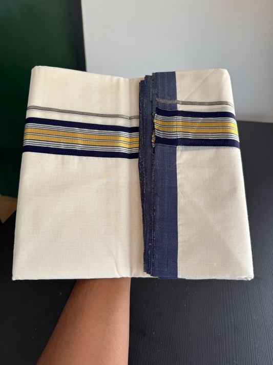 25% Discount! KaithariKada Handloom Millpaav - Kerala Handloom - Cotton Double Mundu/Dhoti Off white (Unbleached) - 80x90 - 1.75 inch Gold & Silver Kasav Navy Blue Stripes Kara 4.00 meter (8.5 Muzham) - 109 KK5383 RAM