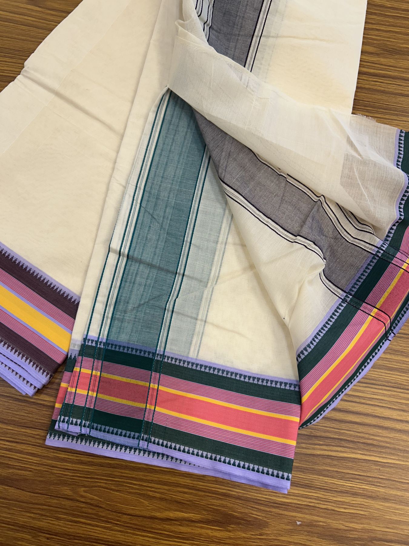 Panchakacham Dhoti - 20% Discount! KaithariKada 100% Cotton Off White - (Unbleached) - Pure Cotton -100x100 thread - North Indian - Attached Gamcha 9X5 Dhoti Violet Green kara with Brown Green Pink & Orange Striped border - 11 KK5325 PMC