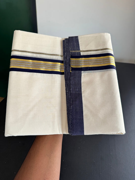 25% Discount! KaithariKada Handloom Millpaav - Kerala Handloom - Cotton Double Mundu/Dhoti Off white (Unbleached) - 80x90 - 1.5 inch Gold & Silver Kasav Navy Blue Stripes Kara 4.00 meter (8.5 Muzham) - 110 KK5383 RAM
