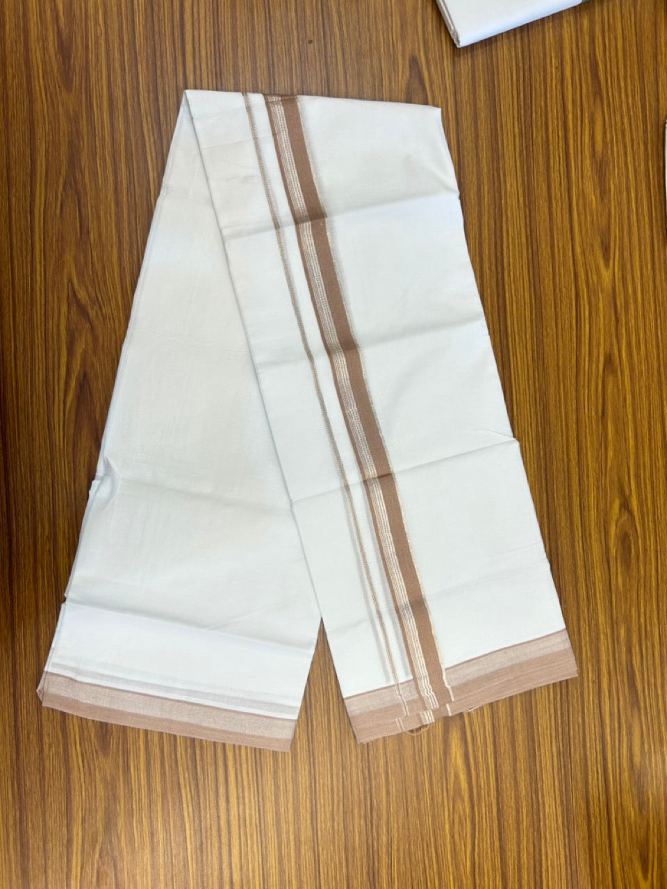 20% Discount ! Kaitharikada Balaramapuram 100% Cotton Pure White Double Mundu/Dothi - 100x80 - 1.25 inch Dark Brown Cream & Silver Kasav Striped Kara 3.90 mtr (8 muzham) - 53 KK5285 VAS