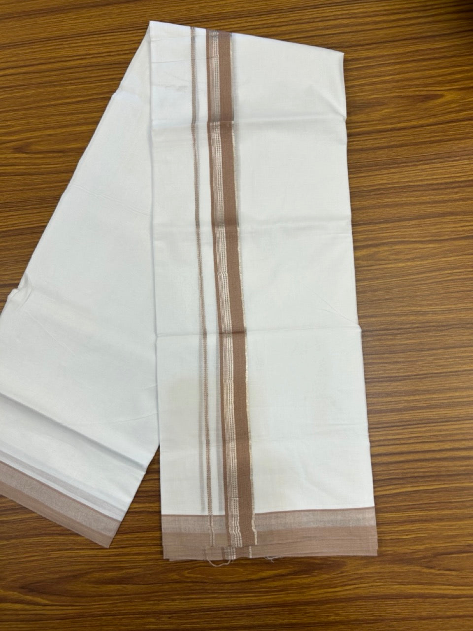 20% Discount ! Kaitharikada Balaramapuram 100% Cotton Pure White Double Mundu/Dothi - 100x80 - 1.25 inch Dark Brown Cream & Silver Kasav Striped Kara 3.90 mtr (8 muzham) - 53 KK5285 VAS