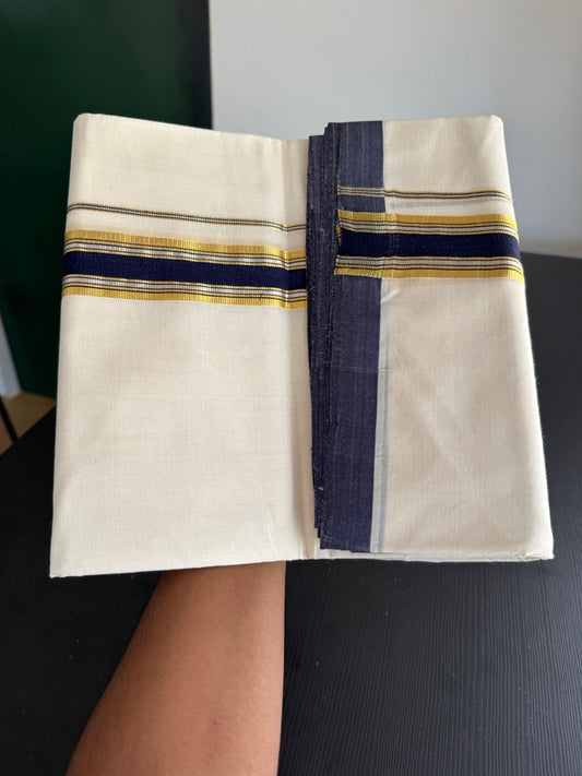 25% Discount! KaithariKada Handloom Millpaav - Kerala Handloom - Cotton Double Mundu/Dhoti Off white (Unbleached) - 80x90 - 1.5 inch Gold & Silver Kasav Navy Blue Stripes Kara 4.00 meter (8.5 Muzham) - 111 KK5383 RAM