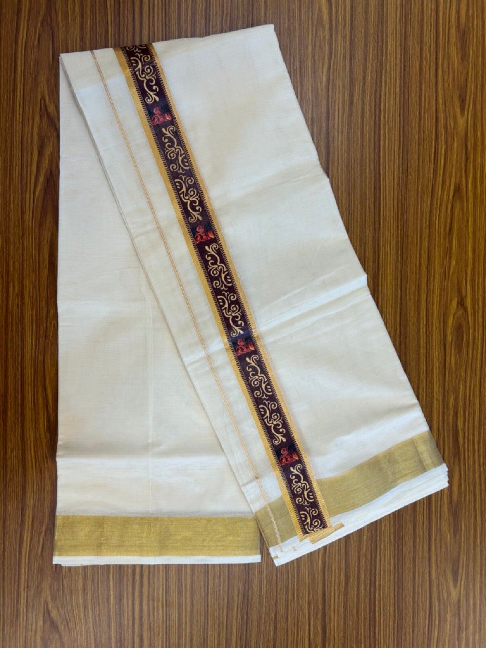 20% Discount!! KaithariKada Balaramapuram Double Off White - (Unbleached) Mundu/Dhoti - Mixed Cotton (80x72) - 1.75 inch Hand Printed Theyyam Gold Kasavu & Brown Pattern Design Kara - 106 KK5251 PMC