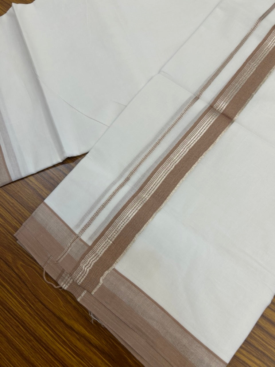 20% Discount ! Kaitharikada Balaramapuram 100% Cotton Pure White Double Mundu/Dothi - 100x80 - 1.25 inch Dark Brown Cream & Silver Kasav Striped Kara 3.90 mtr (8 muzham) - 53 KK5285 VAS