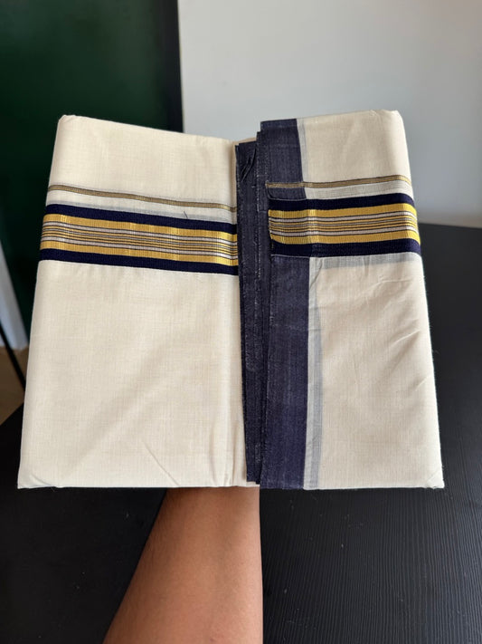 25% Discount! KaithariKada Handloom Millpaav - Kerala Handloom - Cotton Double Mundu/Dhoti Off white (Unbleached) - 80x90 - 1.5 inch Gold & Silver Kasav Navy Blue Stripes Kara 4.00 meter (8.5 Muzham) - 112 KK5383 RAM