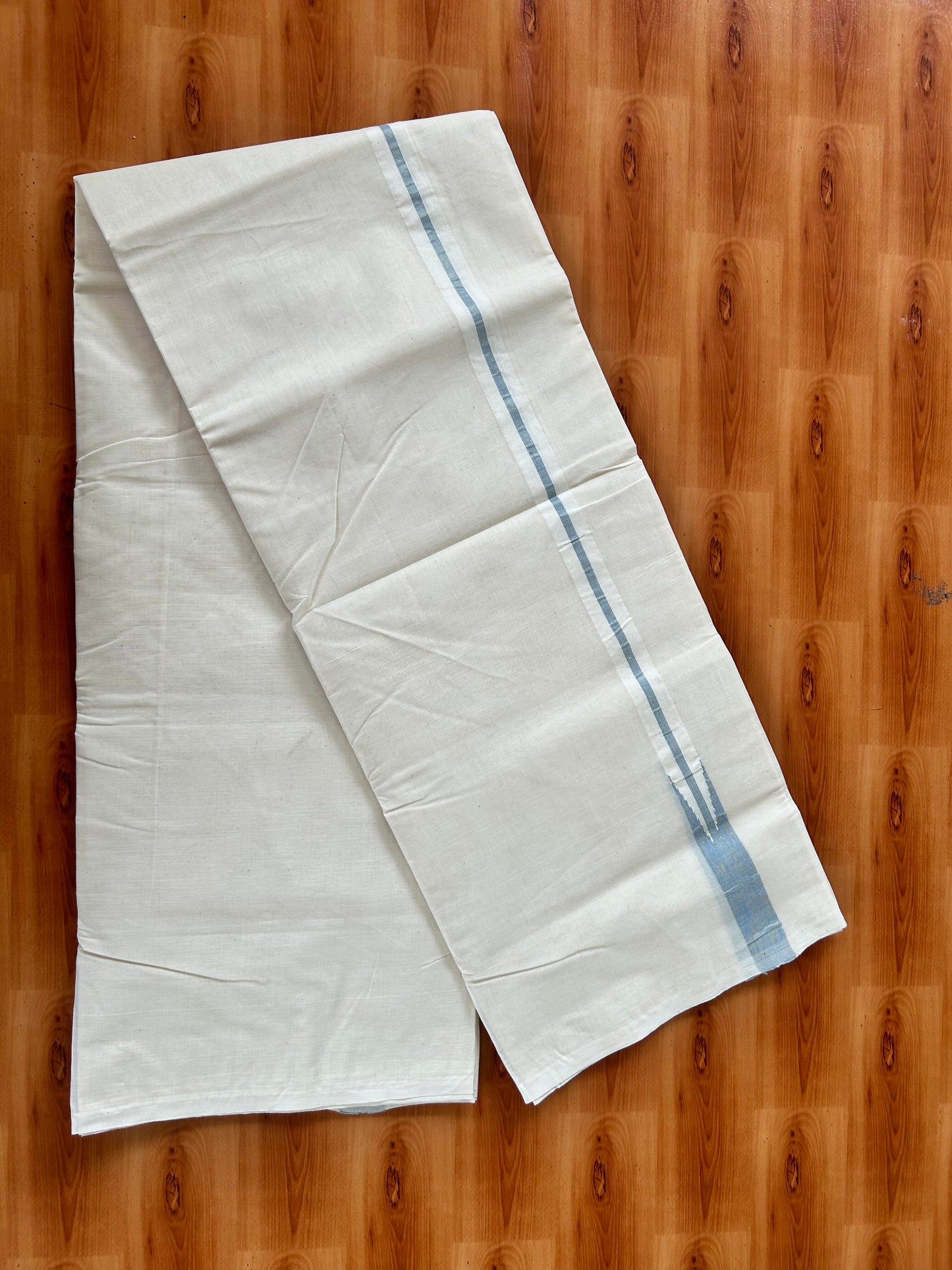 Double Off white Mundu/Dhoti - 20% Discount! KaithariKada Balaramapuram - 100% Cotton 100x100 - 1 inch Puliyilakkara Gold Kasav & Light Blue Shaded Chutty Kara 4 mtr (8.5 muzham) - 8 KK5424 ASH