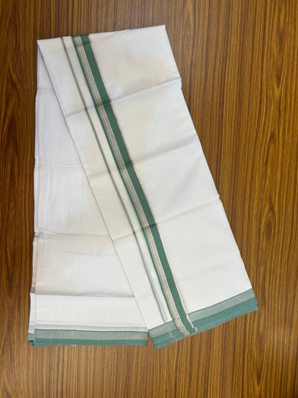 20% Discount ! Kaitharikada Balaramapuram 100% Cotton Pure White Double Mundu/Dothi - 100x80 - 1.25 inch Light Teal Green & Silver Kasav Striped Kara 3.90 mtr (8 muzham) - 54 KK5285 VAS