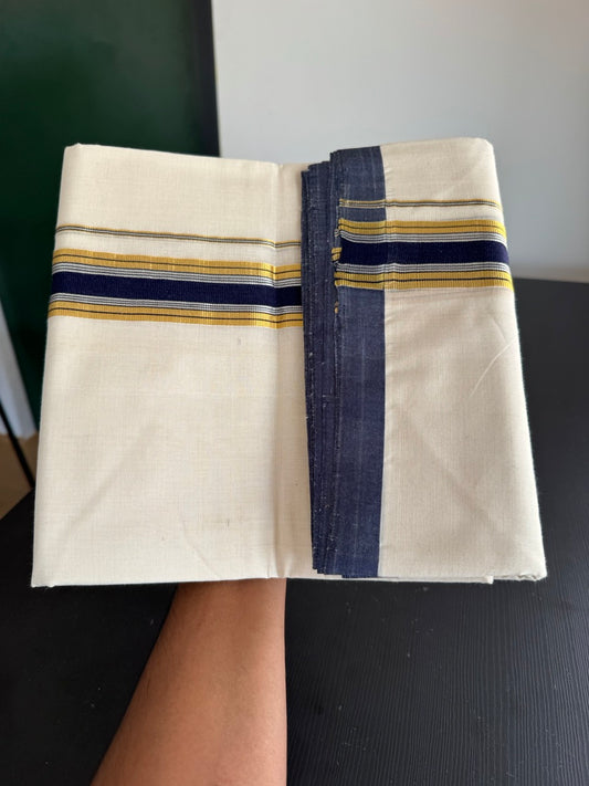 25% Discount! KaithariKada Handloom Millpaav - Kerala Handloom - Cotton Double Mundu/Dhoti Off white (Unbleached) - 80x90 - 1.5 inch Gold & Silver Kasav Navy Blue Stripes Kara 4.00 meter (8.5 Muzham) - 113 KK5383 RAM