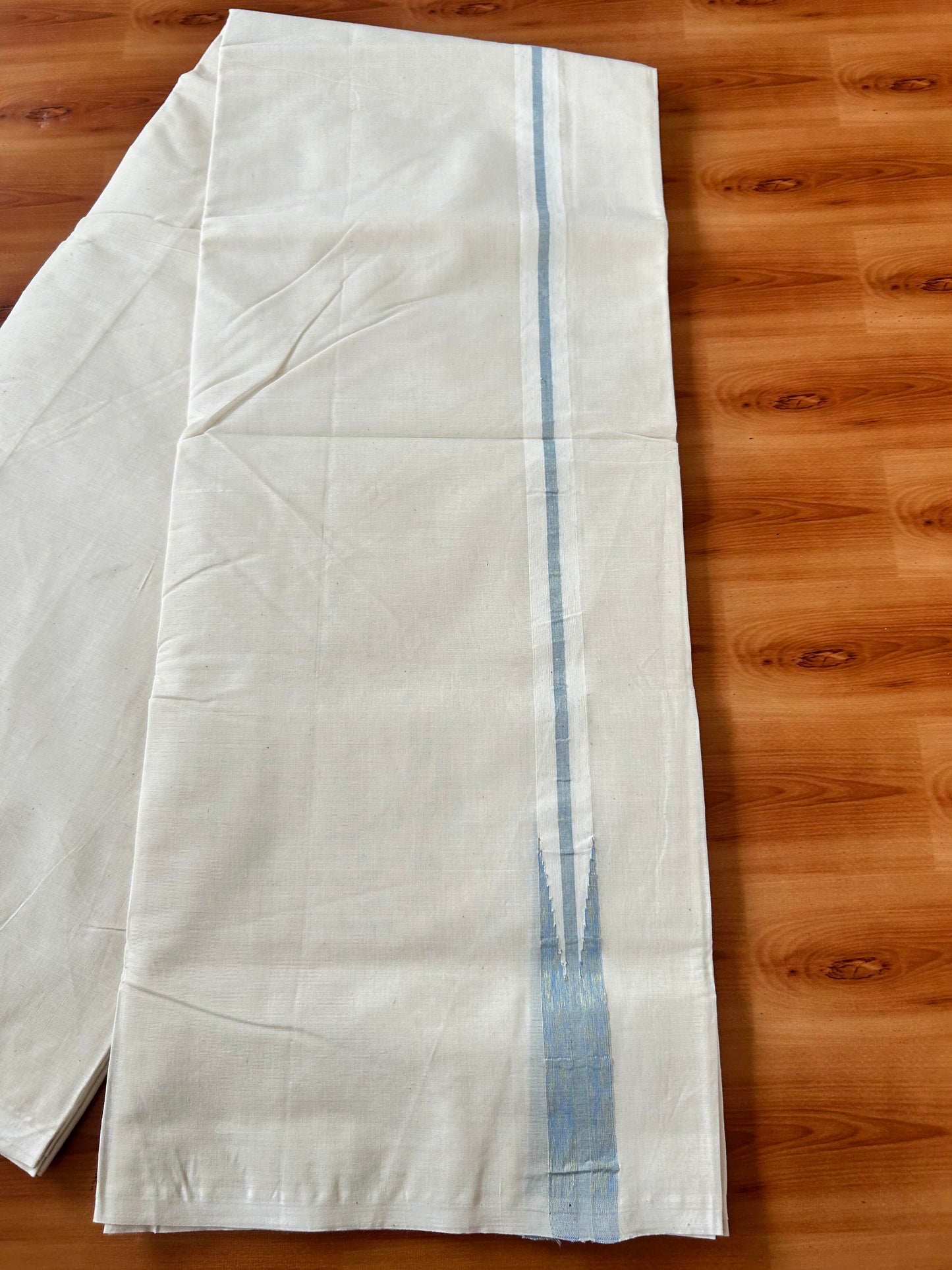 Double Off white Mundu/Dhoti - 20% Discount! KaithariKada Balaramapuram - 100% Cotton 100x100 - 1 inch Puliyilakkara Gold Kasav & Light Blue Shaded Chutty Kara 4 mtr (8.5 muzham) - 8 KK5424 ASH