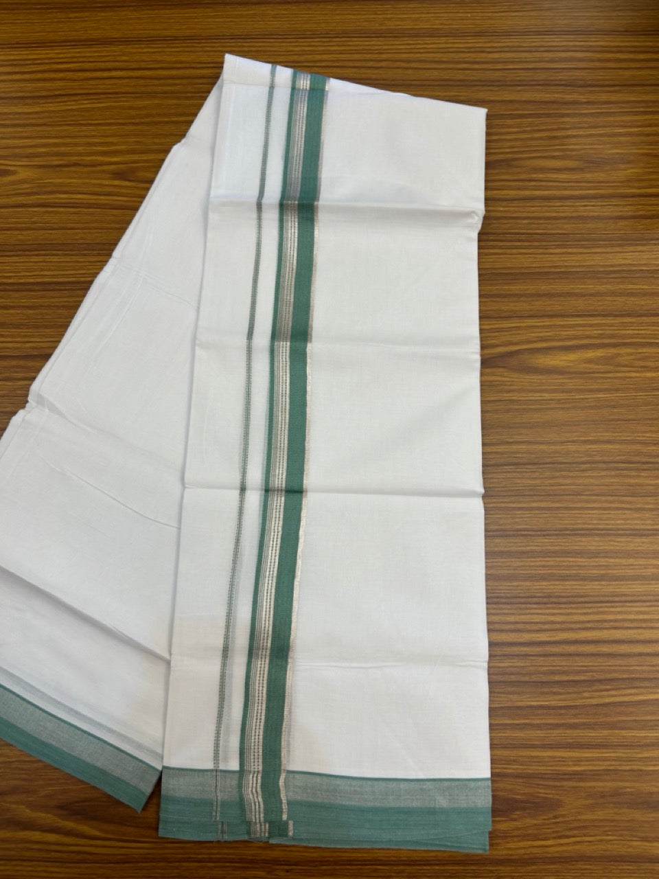 20% Discount ! Kaitharikada Balaramapuram 100% Cotton Pure White Double Mundu/Dothi - 100x80 - 1.25 inch Light Teal Green & Silver Kasav Striped Kara 3.90 mtr (8 muzham) - 54 KK5285 VAS