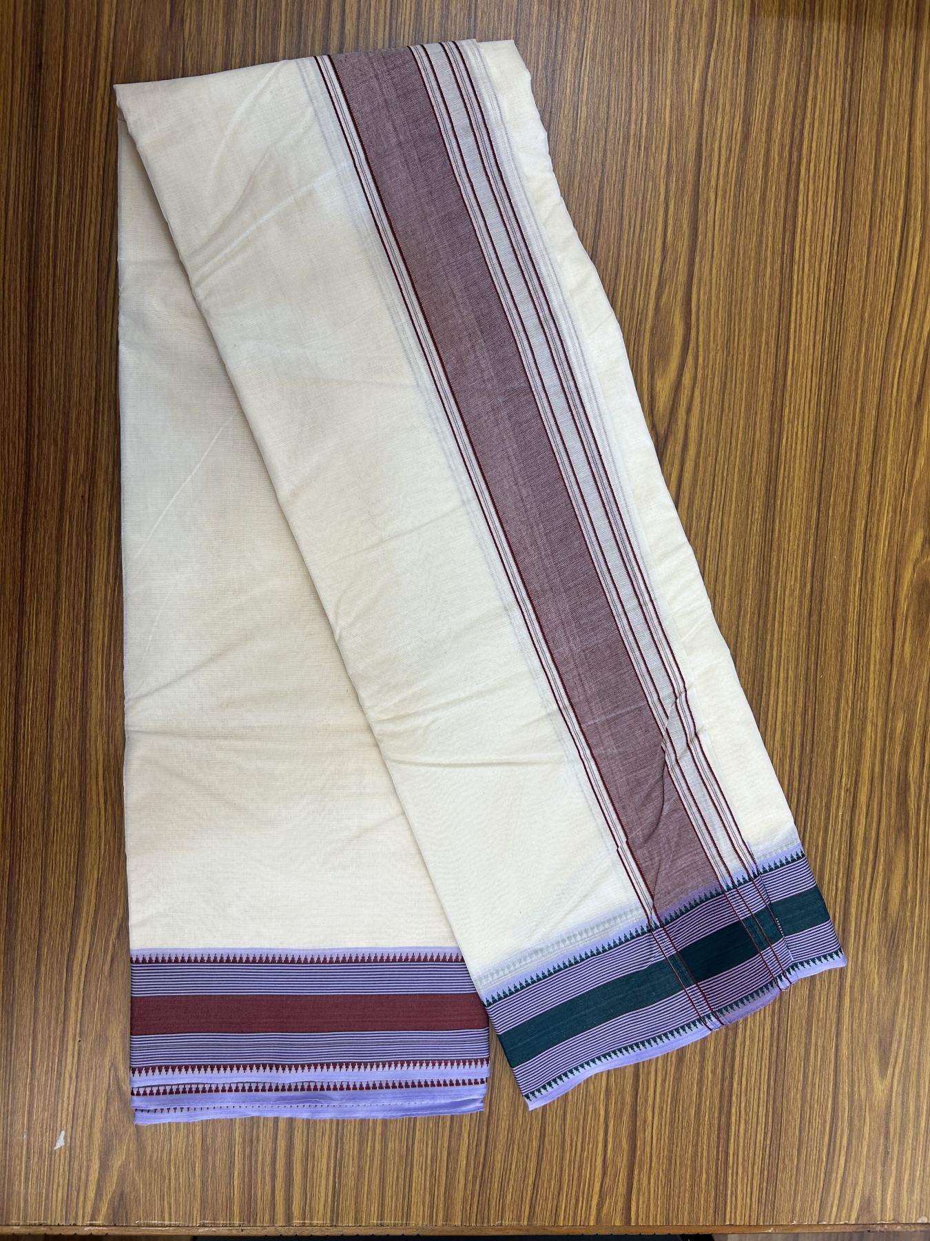 Panchakacham Dhoti - 20% Discount! KaithariKada 100% Cotton Off White - (Unbleached) - Pure Cotton -100x100 thread - North Indian - Attached Gamcha 9X5 Dhoti Brown kara with Green Lavender & Brown Striped border - 12 KK5325 PMC