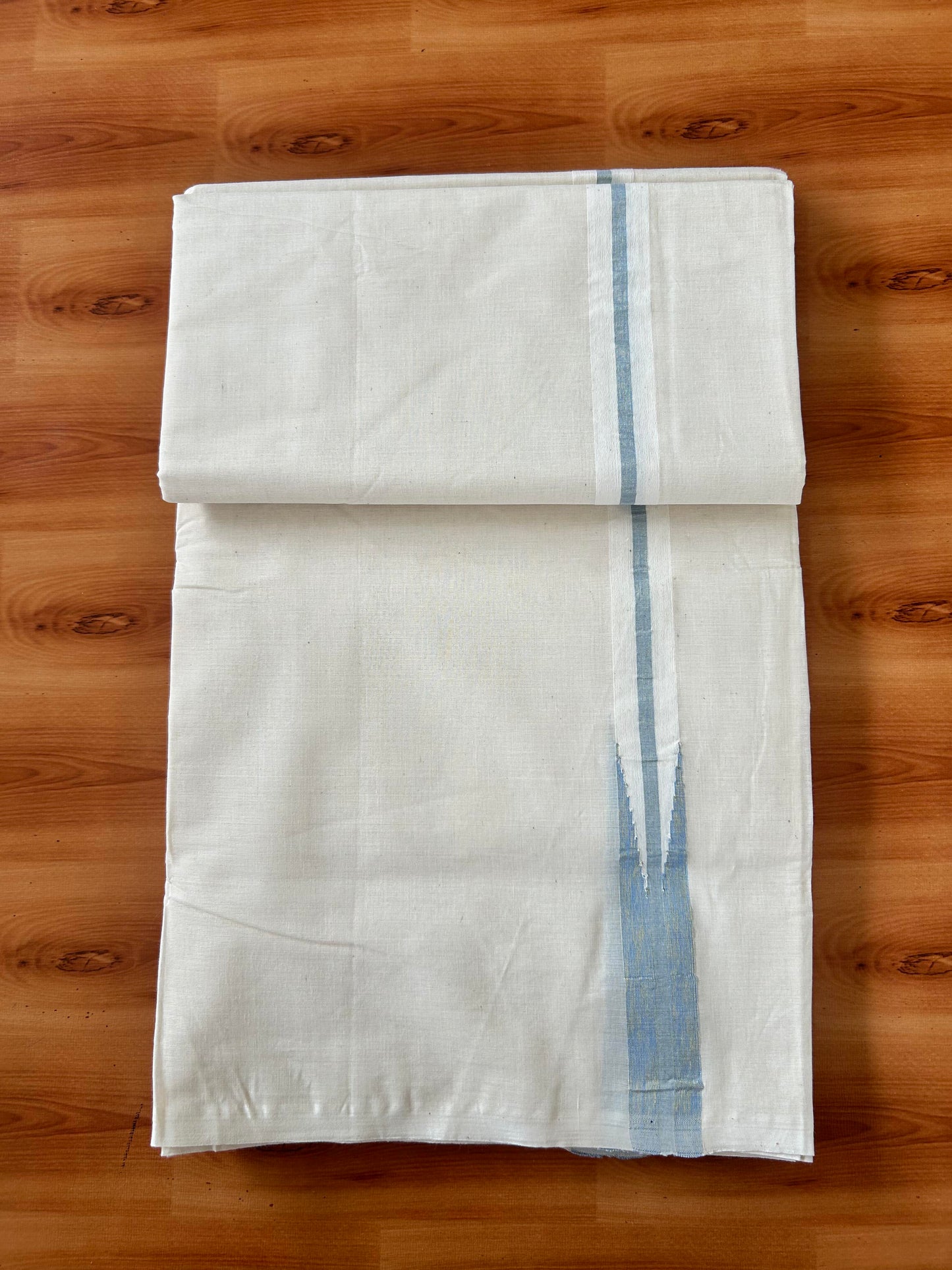 Double Off white Mundu/Dhoti - 20% Discount! KaithariKada Balaramapuram - 100% Cotton 100x100 - 1 inch Puliyilakkara Gold Kasav & Light Blue Shaded Chutty Kara 4 mtr (8.5 muzham) - 8 KK5424 ASH
