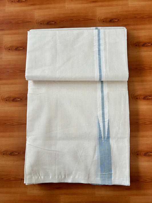 Double Off white Mundu/Dhoti - 20% Discount! KaithariKada Balaramapuram - 100% Cotton 100x100 - 1 inch Puliyilakkara Gold Kasav & Light Blue Shaded Chutty Kara 4 mtr (8.5 muzham) - 8 KK5424 ASH