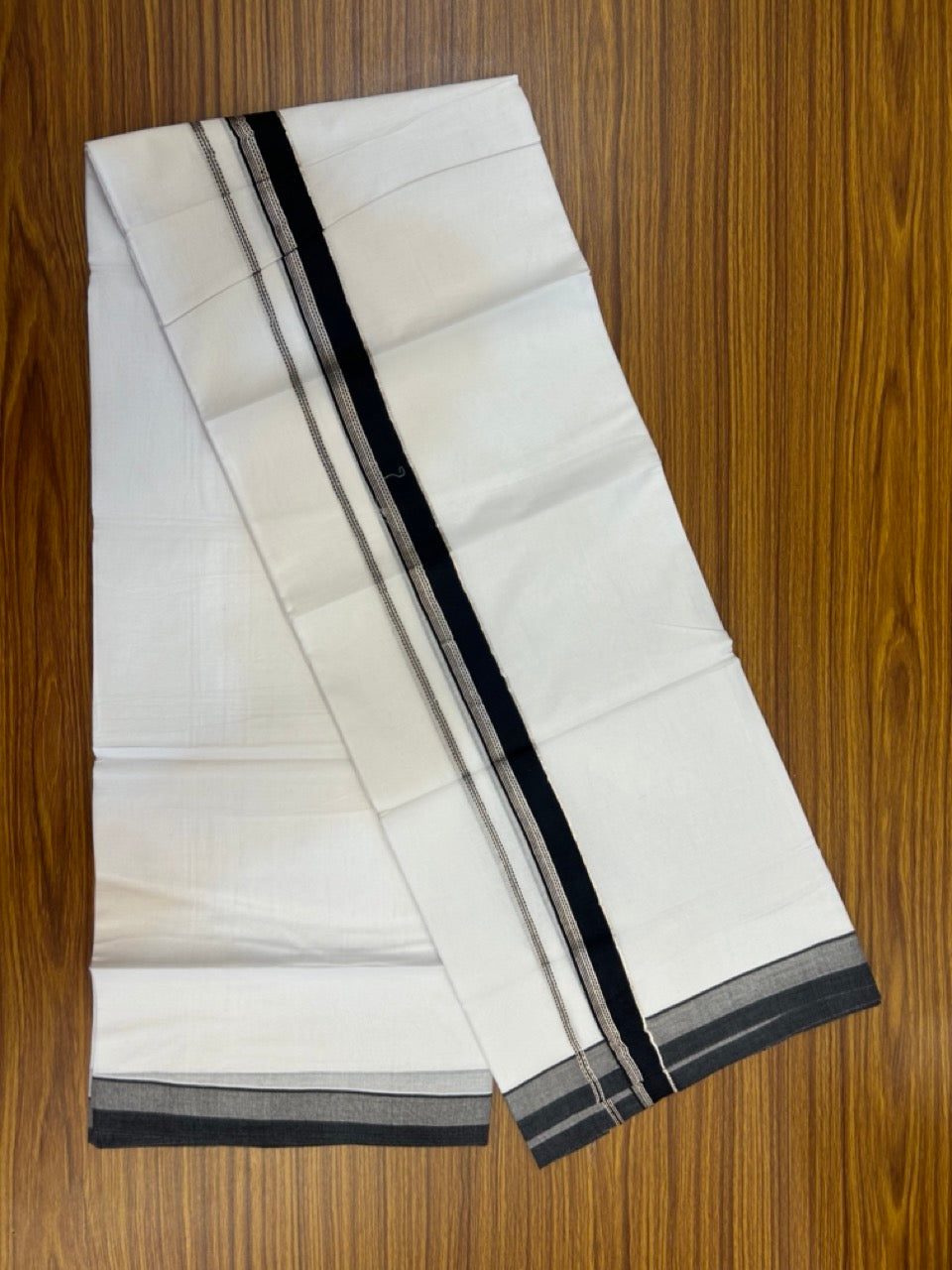 20% Discount ! Kaitharikada Balaramapuram 100% Cotton Pure White Double Mundu/Dothi - 100x80 - 1.25 inch Black & Silver Kasav Striped Kara 3.90 mtr (8 muzham) - 55 KK5285 VAS