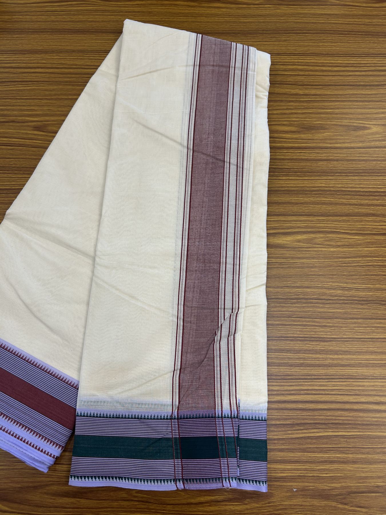 Panchakacham Dhoti - 20% Discount! KaithariKada 100% Cotton Off White - (Unbleached) - Pure Cotton -100x100 thread - North Indian - Attached Gamcha 9X5 Dhoti Brown kara with Green Lavender & Brown Striped border - 12 KK5325 PMC