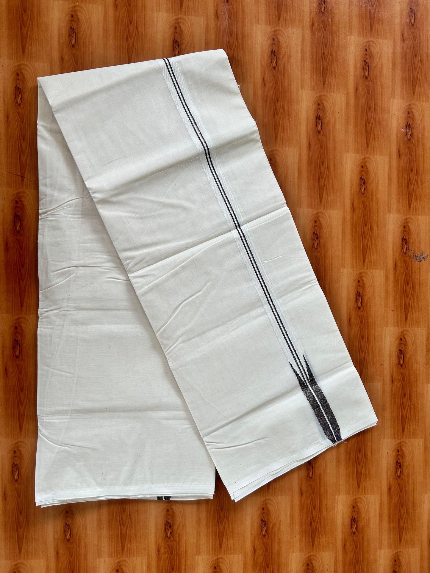 Double Off white Mundu/Dhoti - 20% Discount! KaithariKada Balaramapuram - 100% Cotton 100x100 - 1 inch Puliyilakkara Gold Kasav & Dark Purple Shaded Chutty Kara 4 mtr (8.5 muzham) - 14 KK5424 ASH