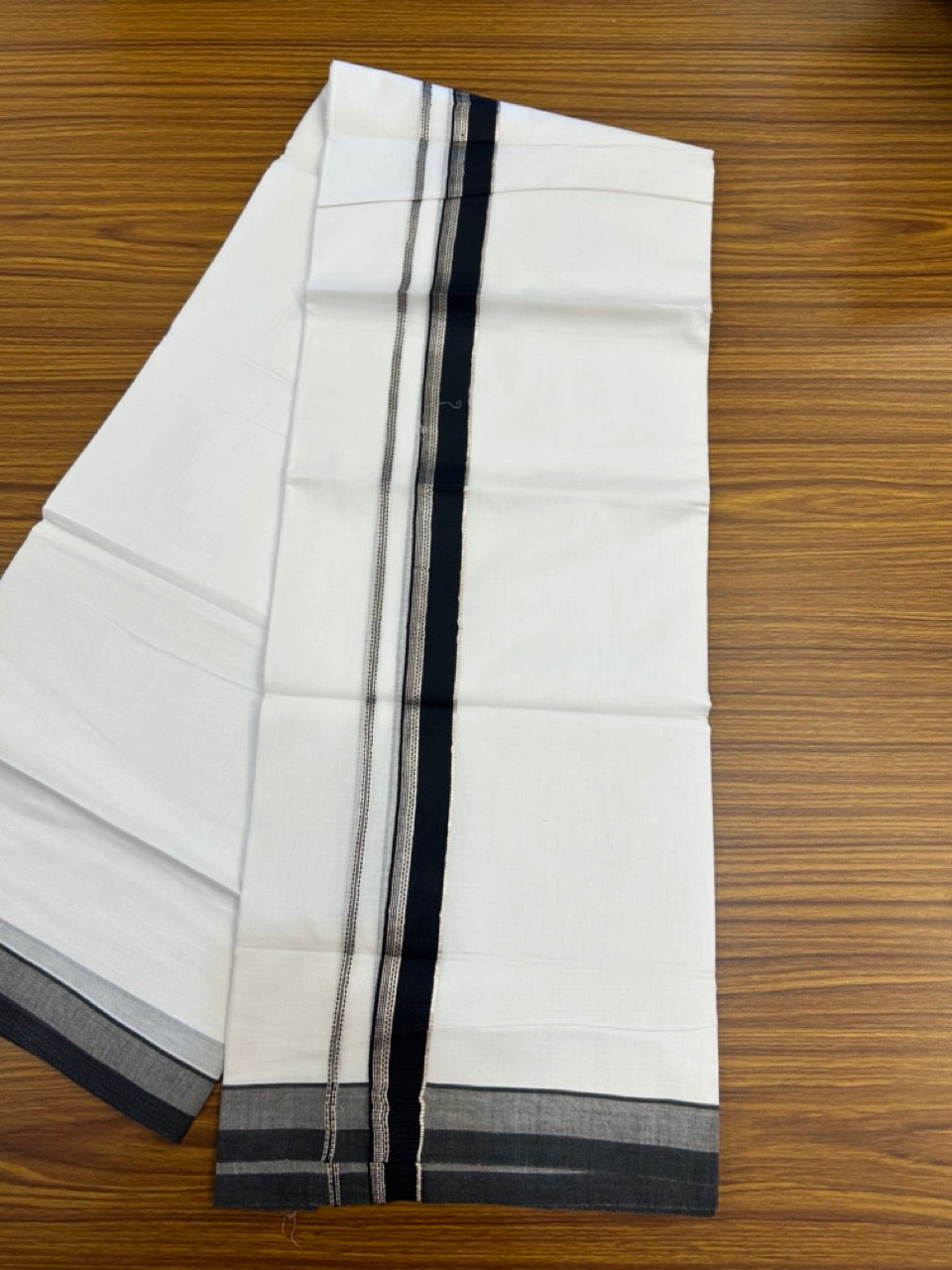 20% Discount ! Kaitharikada Balaramapuram 100% Cotton Pure White Double Mundu/Dothi - 100x80 - 1.25 inch Black & Silver Kasav Striped Kara 3.90 mtr (8 muzham) - 55 KK5285 VAS