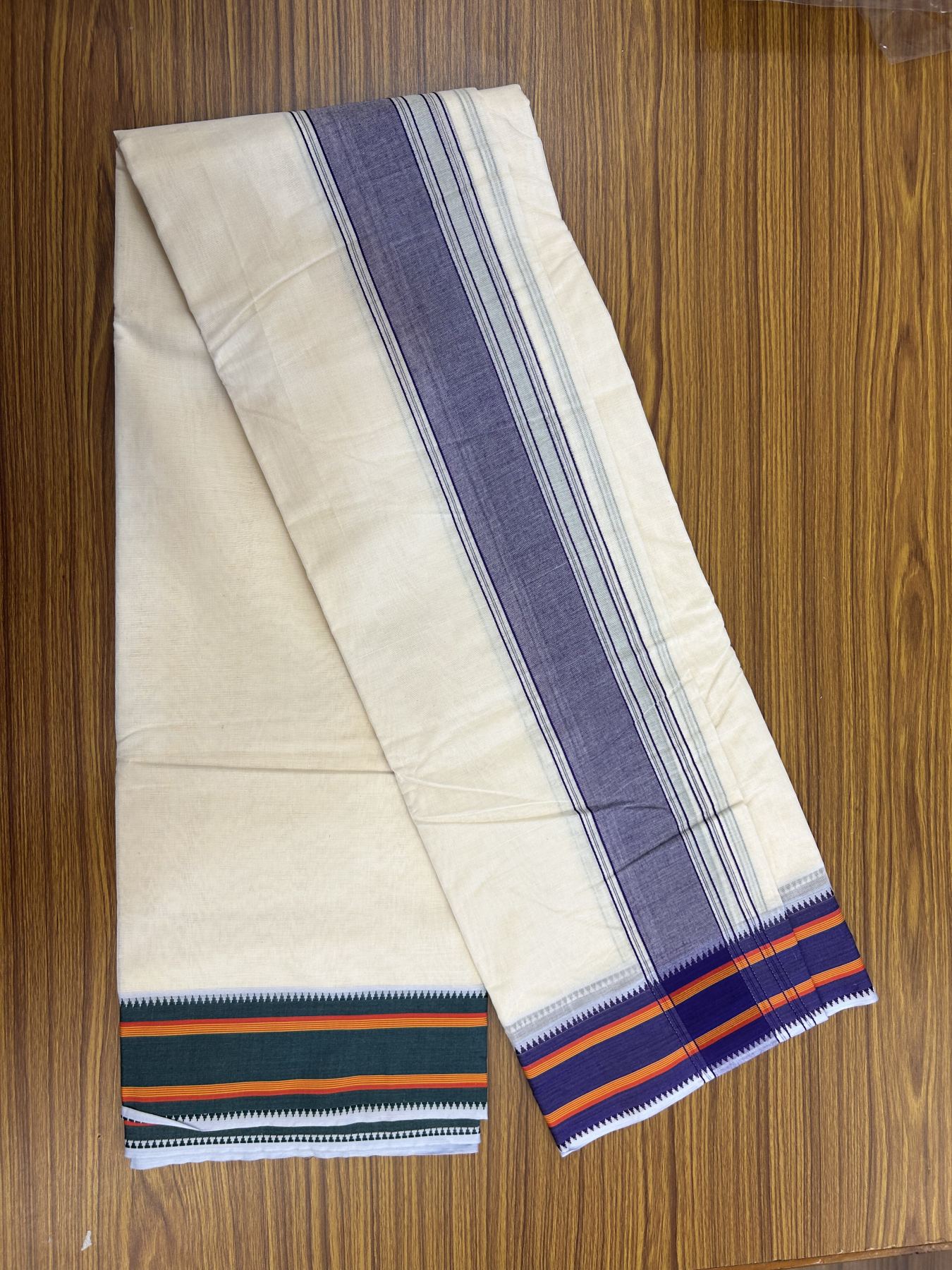 Panchakacham Dhoti - 20% Discount! KaithariKada 100% Cotton Off White - (Unbleached) - Pure Cotton -100x100 thread - North Indian - Attached Gamcha 9X5 Dhoti Violet Green kara with Green Orange & Violet Striped border - 13 KK5325 PMC