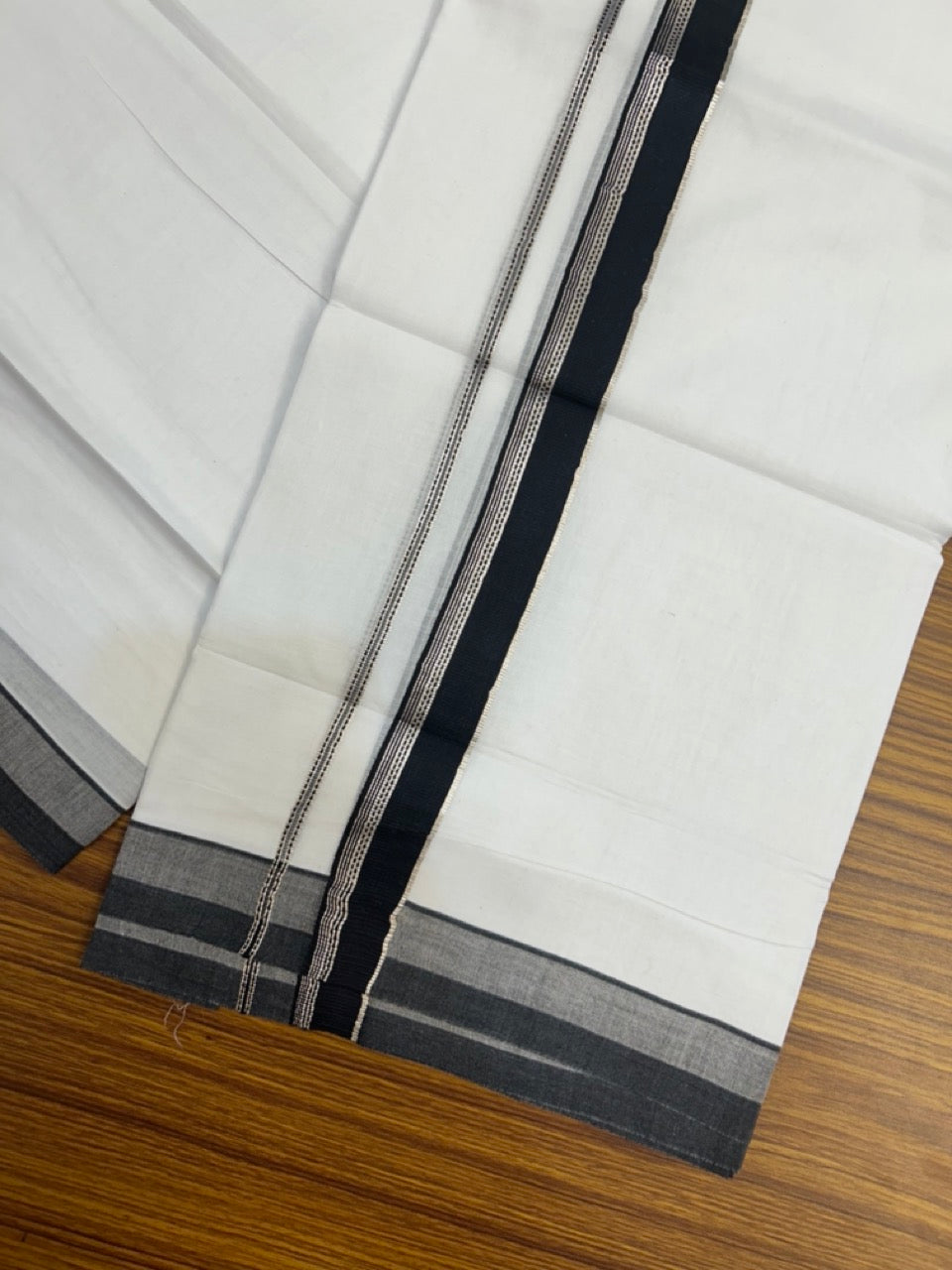 20% Discount ! Kaitharikada Balaramapuram 100% Cotton Pure White Double Mundu/Dothi - 100x80 - 1.25 inch Black & Silver Kasav Striped Kara 3.90 mtr (8 muzham) - 55 KK5285 VAS