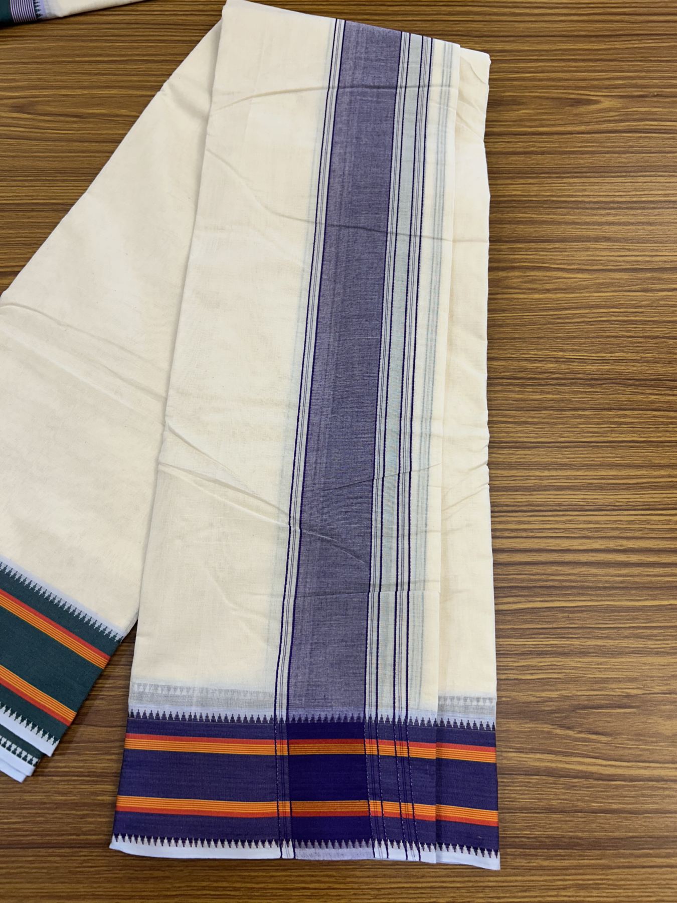 Panchakacham Dhoti - 20% Discount! KaithariKada 100% Cotton Off White - (Unbleached) - Pure Cotton -100x100 thread - North Indian - Attached Gamcha 9X5 Dhoti Violet Green kara with Green Orange & Violet Striped border - 13 KK5325 PMC